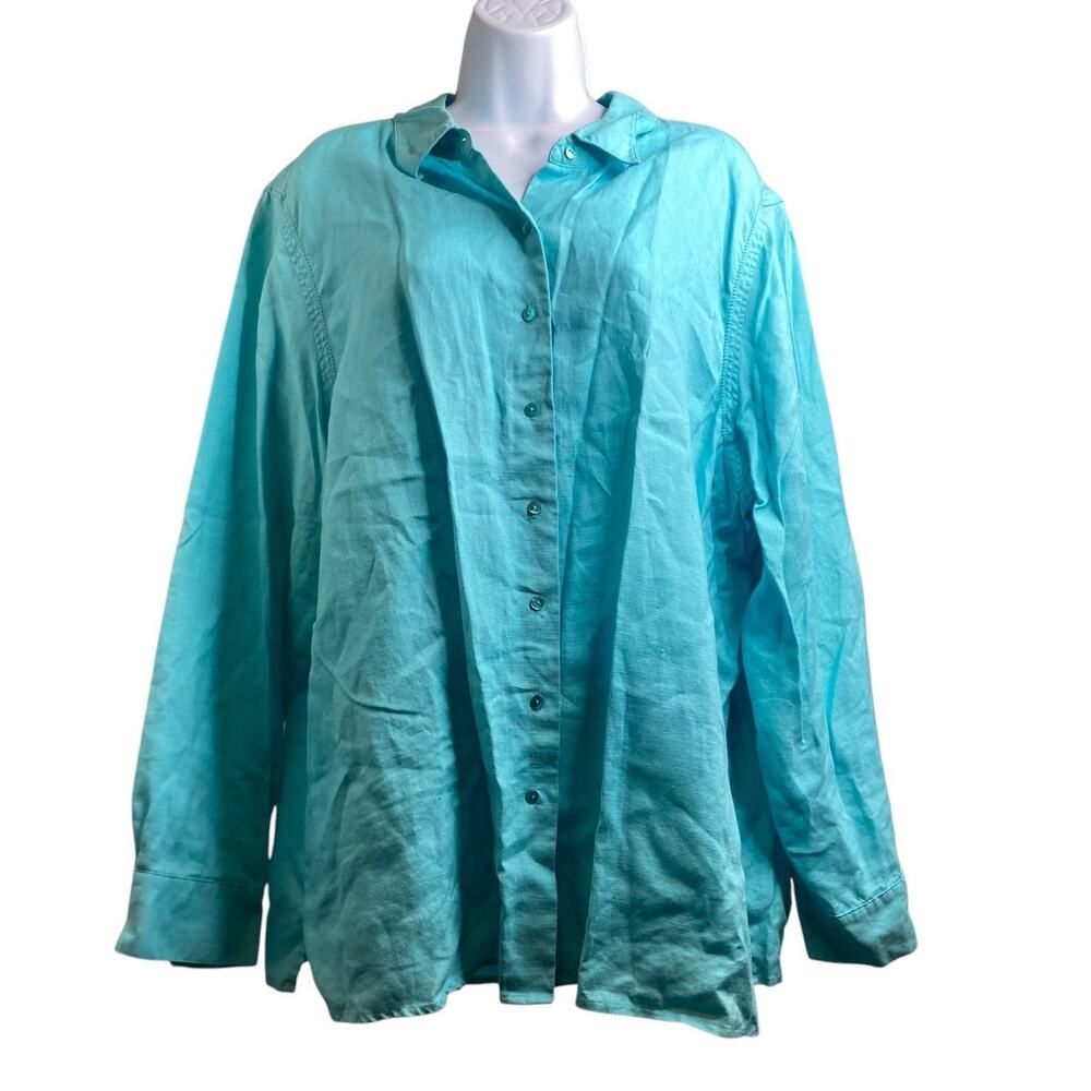 Vintage Bloomingdales‎ Sutton Studio Women’s Aqua Linen Blouse Size 2X Preppy